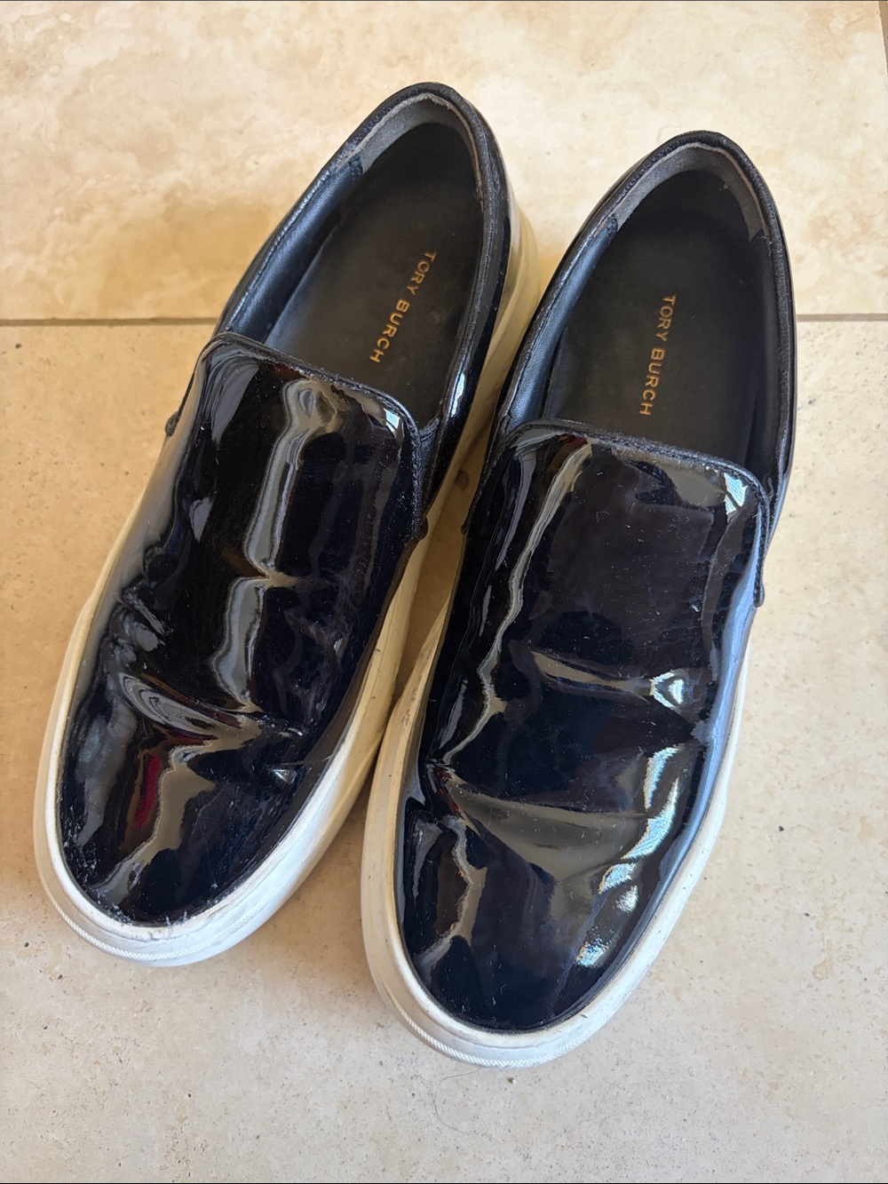 Tory Burch Black Patent Leather Slip-On Sneakers with White Sole